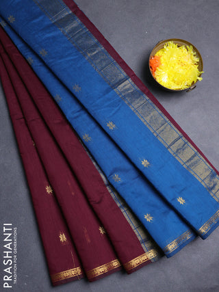 Semi maheswari cotton saree deep maroon and peacock blue with zari woven buttas and small zari woven border