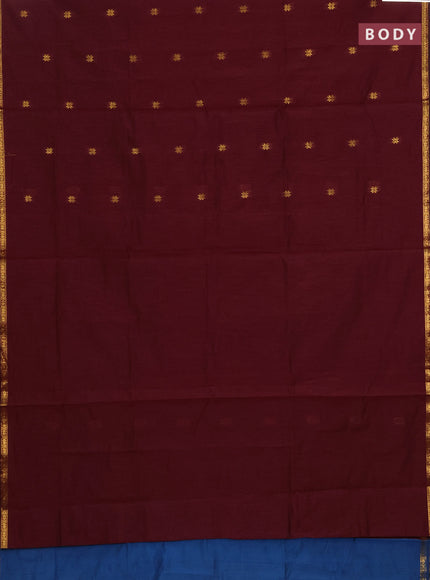 Semi maheswari cotton saree deep maroon and peacock blue with zari woven buttas and small zari woven border