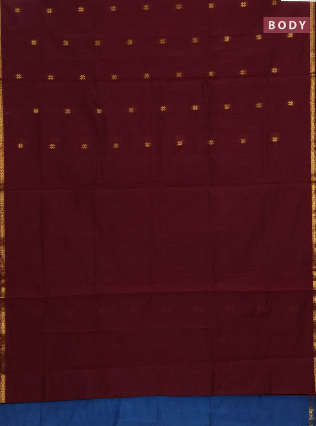 Semi maheswari cotton saree deep maroon and peacock blue with zari woven buttas and small zari woven border