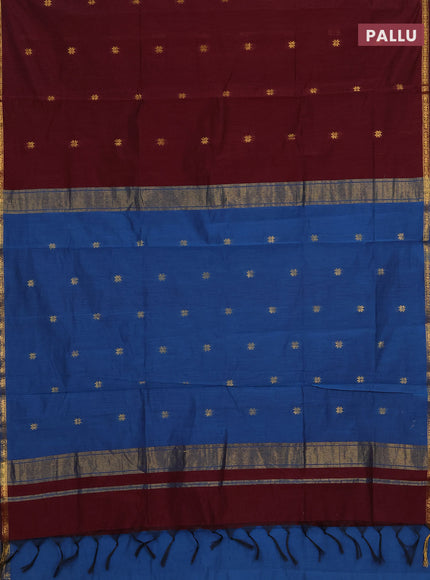 Semi maheswari cotton saree deep maroon and peacock blue with zari woven buttas and small zari woven border