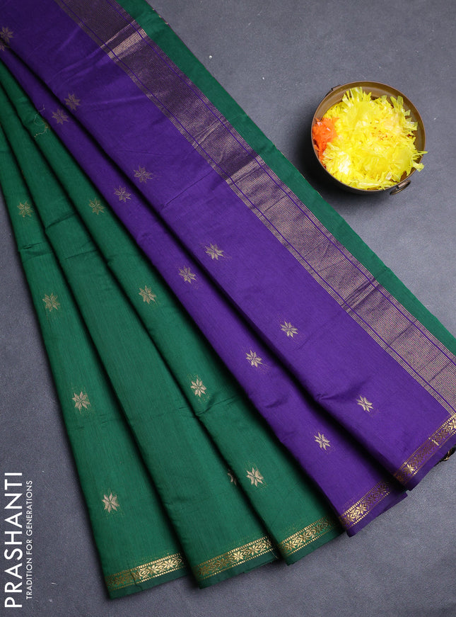 Semi maheswari cotton saree green and violet with zari woven buttas and small zari woven border