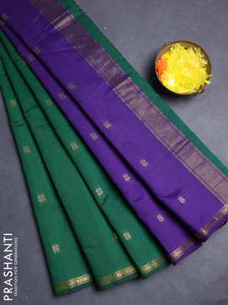 Semi maheswari cotton saree green and violet with zari woven buttas and small zari woven border