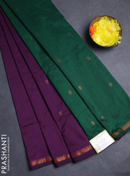 Semi maheswari cotton saree deep purple and green with copper zari woven buttas and small copper zari woven border