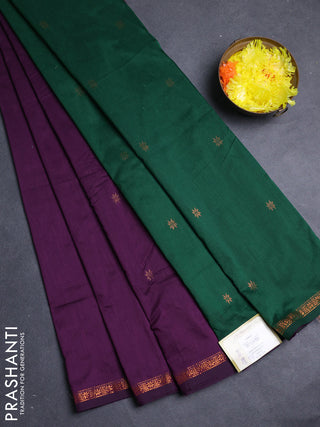 Semi maheswari cotton saree deep purple and green with copper zari woven buttas and small copper zari woven border