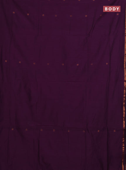 Semi maheswari cotton saree deep purple and green with copper zari woven buttas and small copper zari woven border
