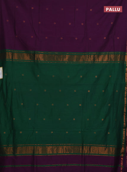 Semi maheswari cotton saree deep purple and green with copper zari woven buttas and small copper zari woven border