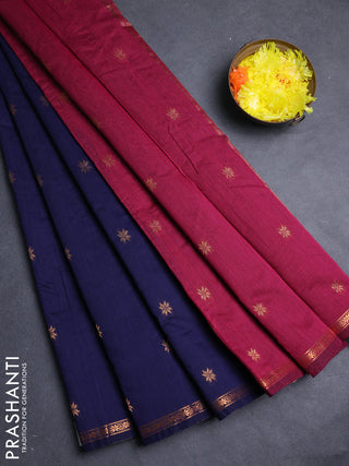 Semi maheswari cotton saree navy blue and magenta pink with copper zari woven buttas and small copper zari woven border