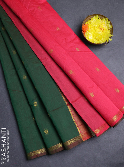 Semi maheswari cotton saree light green and red with zari woven buttas and small zari woven border