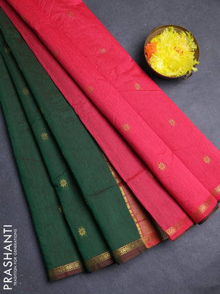 Semi maheswari cotton saree light green and red with zari woven buttas and small zari woven border