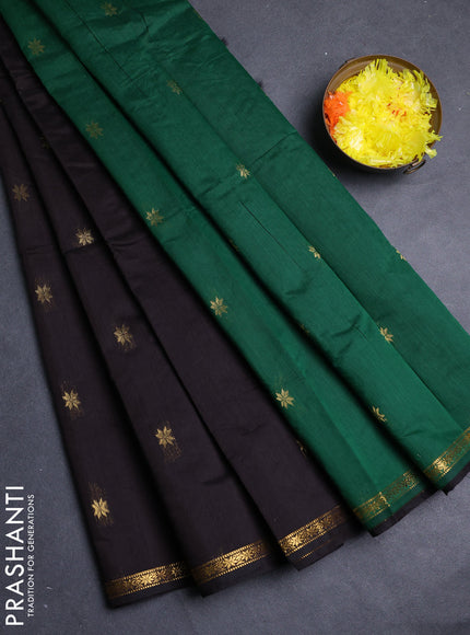 Semi maheswari cotton saree coffee brown and green with zari woven buttas and small zari woven border