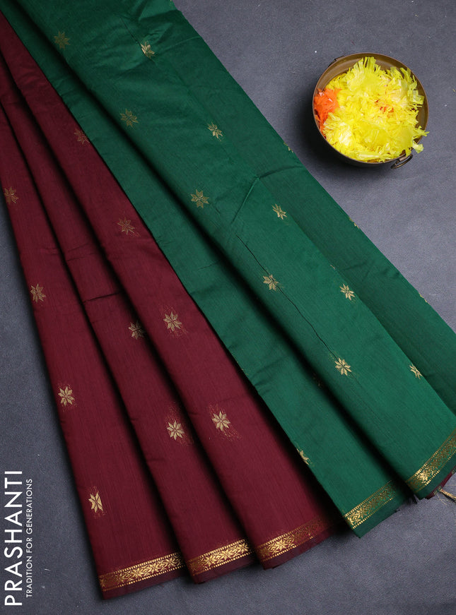Semi maheswari cotton saree deep maron and green with zari woven buttas and small zari woven border