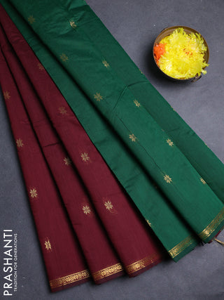 Semi maheswari cotton saree deep maron and green with zari woven buttas and small zari woven border