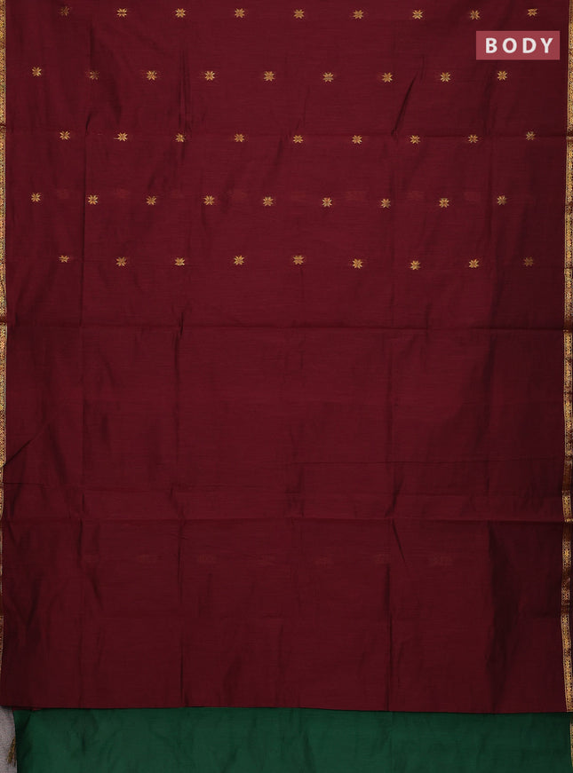 Semi maheswari cotton saree deep maron and green with zari woven buttas and small zari woven border