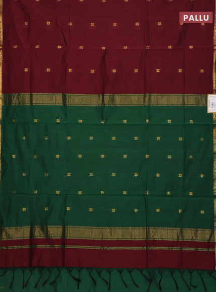 Semi maheswari cotton saree deep maron and green with zari woven buttas and small zari woven border