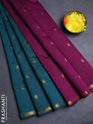 Semi maheswari cotton saree peacock green and purple with zari woven buttas and small zari woven border
