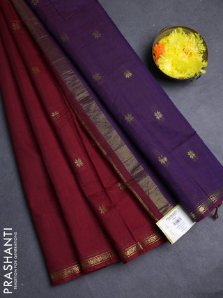 Semi maheswari cotton saree deep maroon and deep purple with zari woven buttas and small zari woven border