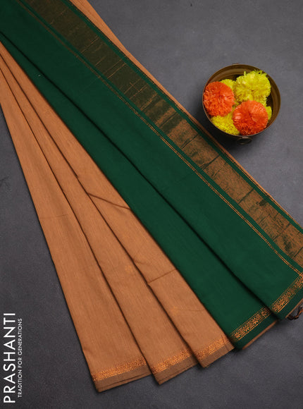 Semi maheswari cotton saree orange and bottle with copper zari woven buttas and small copper zari woven border