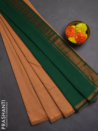 Semi maheswari cotton saree orange and bottle with copper zari woven buttas and small copper zari woven border