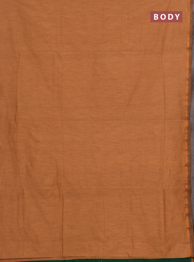 Semi maheswari cotton saree orange and bottle with copper zari woven buttas and small copper zari woven border