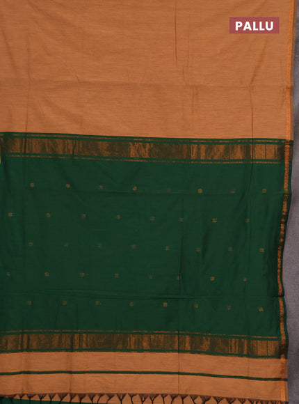 Semi maheswari cotton saree orange and bottle with copper zari woven buttas and small copper zari woven border