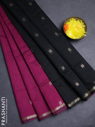 Semi maheswari cotton saree magenta pink and black with zari woven buttas and small zari woven border