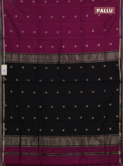 Semi maheswari cotton saree magenta pink and black with zari woven buttas and small zari woven border