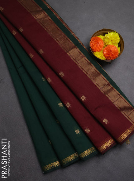 Semi maheswari cotton saree bottle green and deep wine shade with zari woven buttas and small zari woven border