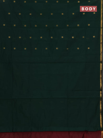 Semi maheswari cotton saree bottle green and deep wine shade with zari woven buttas and small zari woven border