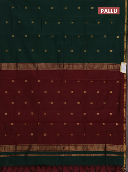Semi maheswari cotton saree bottle green and deep wine shade with zari woven buttas and small zari woven border