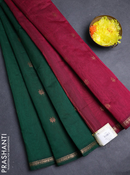 Semi maheswari cotton saree bottle green and deep maroon with copper zari woven buttas and small copper zari woven border