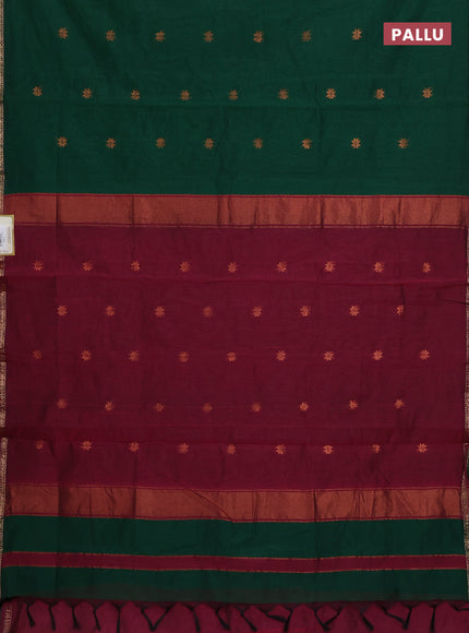 Semi maheswari cotton saree bottle green and deep maroon with copper zari woven buttas and small copper zari woven border