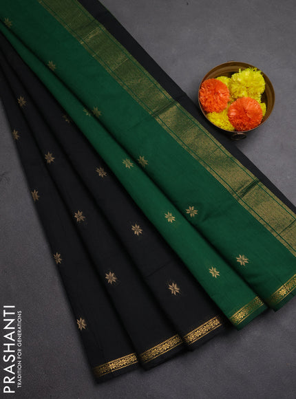 Semi maheswari cotton saree black and green with zari woven buttas and small zari woven border