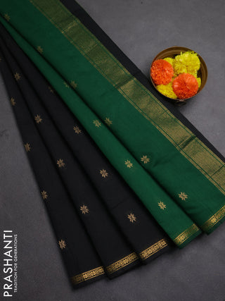 Semi maheswari cotton saree black and green with zari woven buttas and small zari woven border