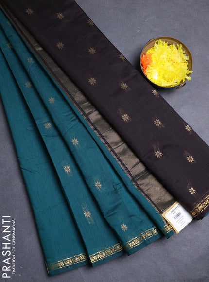 Semi maheswari cotton saree peacock green and black with zari woven buttas and small zari woven border