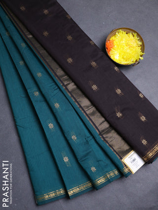 Semi maheswari cotton saree peacock green and black with zari woven buttas and small zari woven border
