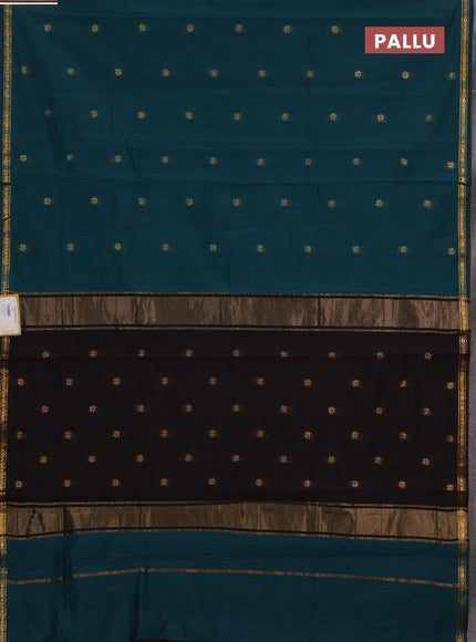 Semi maheswari cotton saree peacock green and black with zari woven buttas and small zari woven border