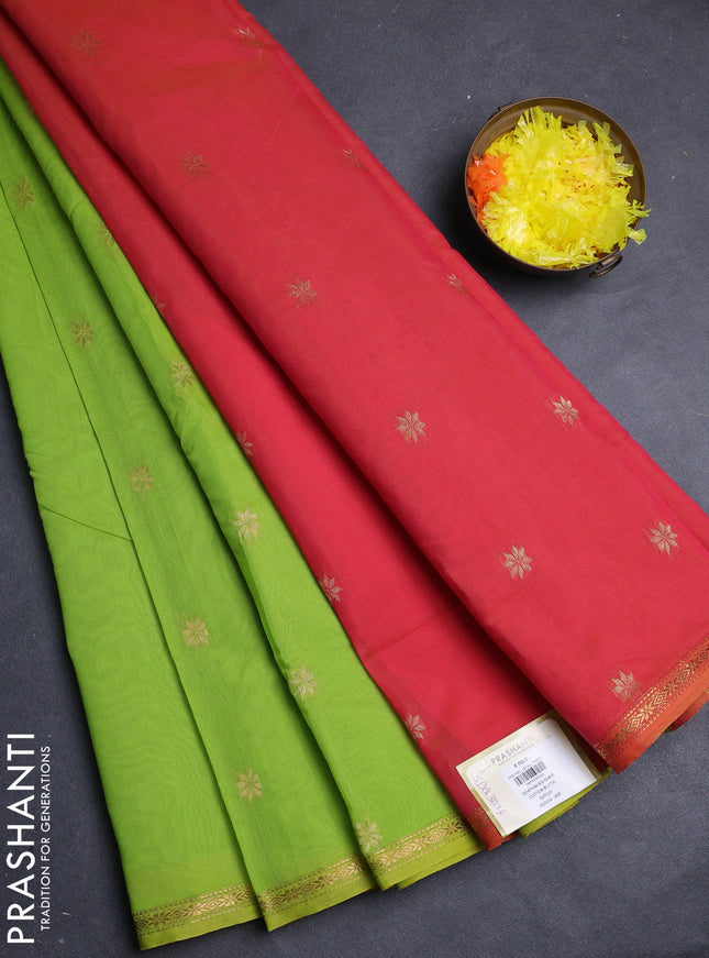 Semi maheswari cotton saree fluorescent green and pink with zari woven buttas and small zari woven border
