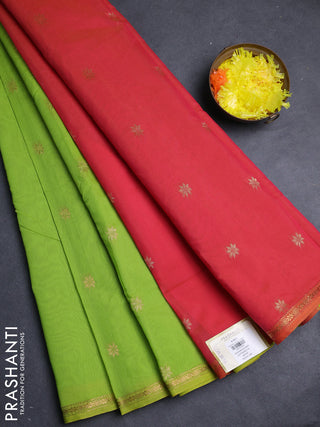 Semi maheswari cotton saree fluorescent green and pink with zari woven buttas and small zari woven border