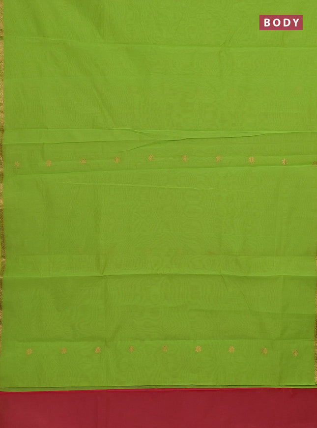 Semi maheswari cotton saree fluorescent green and pink with zari woven buttas and small zari woven border