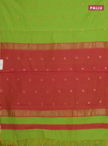 Semi maheswari cotton saree fluorescent green and pink with zari woven buttas and small zari woven border
