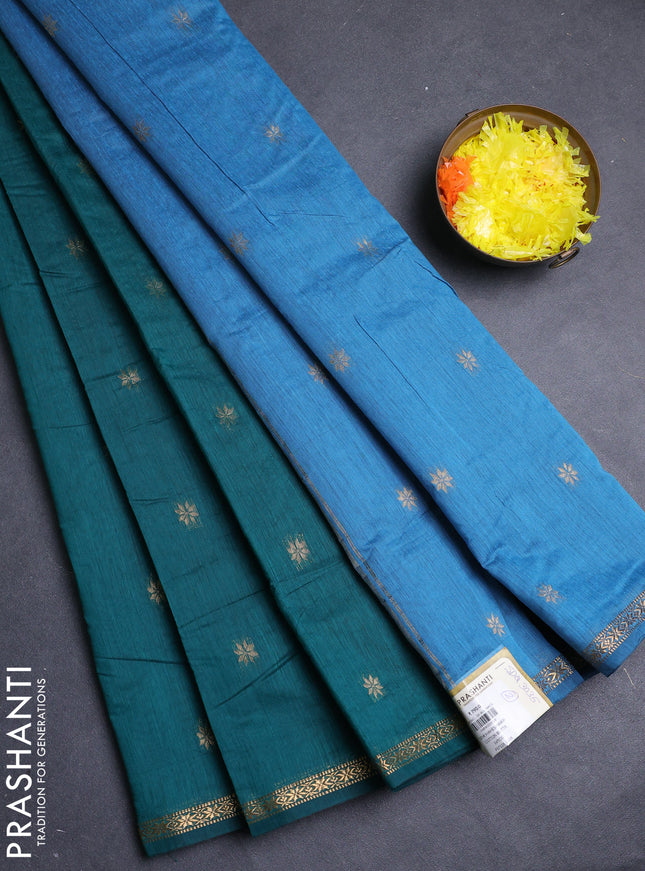 Semi maheswari cotton saree peacock green and blue with zari woven buttas and small zari woven border