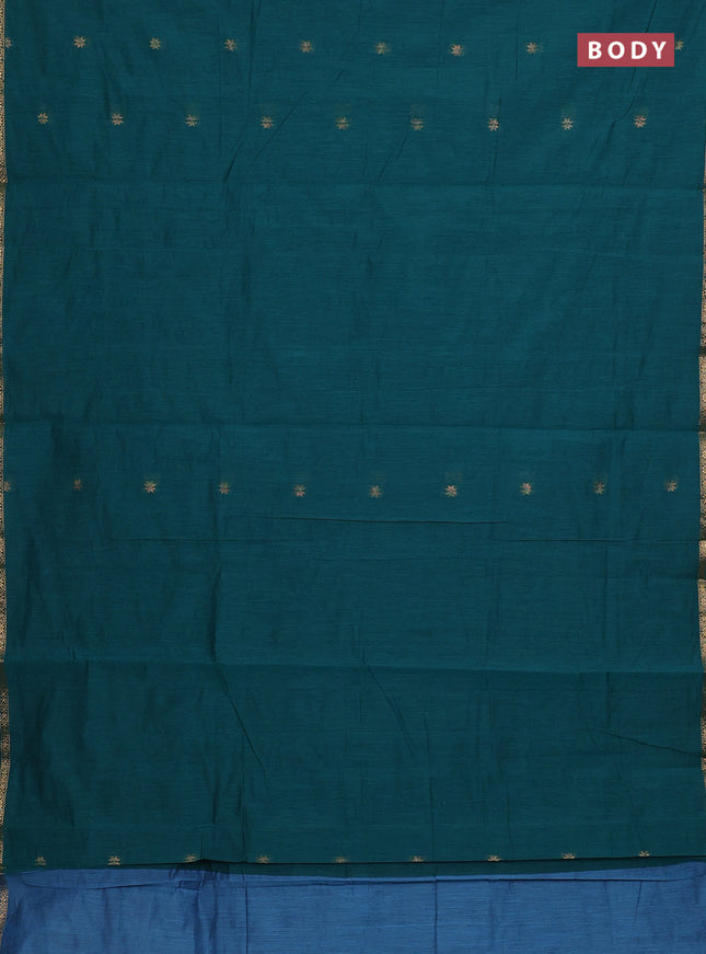 Semi maheswari cotton saree peacock green and blue with zari woven buttas and small zari woven border