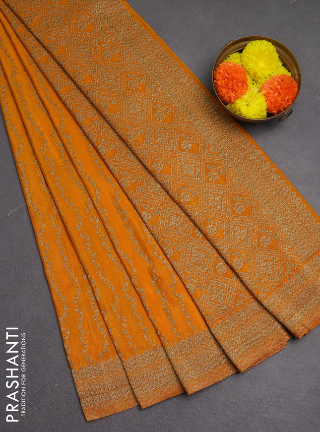 Banarasi semi crepe saree mango yellow with allover geometric weaves and woven border