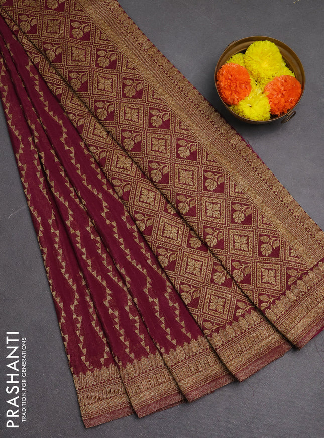 Banarasi semi crepe saree wine shade with allover geometric weaves and woven border