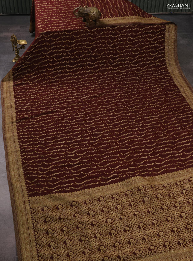 Banarasi semi crepe saree coffee brown with allover geometric weaves and woven border