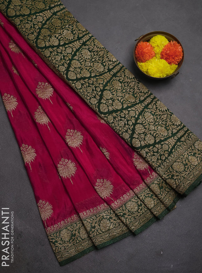 Banarasi semi crepe saree pink and green with woven buttas and woven border
