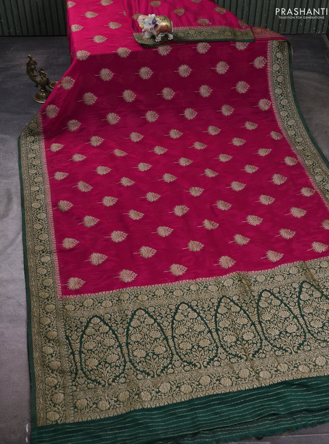 Banarasi semi crepe saree pink and green with woven buttas and woven border