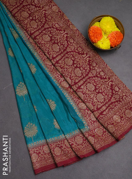 Banarasi semi crepe saree teal blue and dark pink with woven buttas and woven border