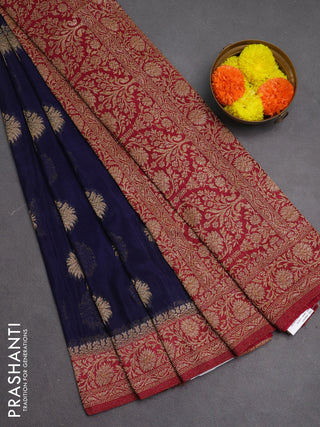 Banarasi semi crepe saree navy blue and dark pink with woven buttas and woven border