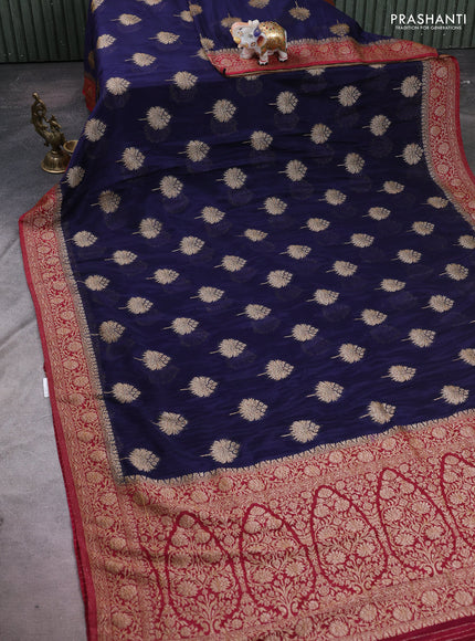 Banarasi semi crepe saree navy blue and dark pink with woven buttas and woven border